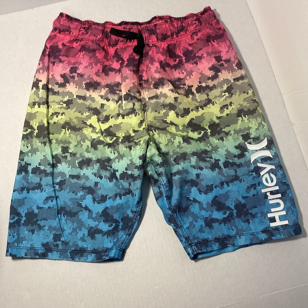 Hurley Board Shorts Boys 10/12 Pink Yellow Blue Digital Camo Swim Trunks Beach